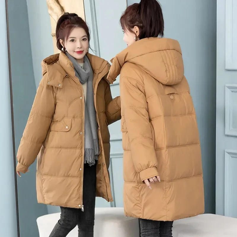 

Женская зимняя длинная пуховая куртка, свободное Стеганое пальто на молнии, однотонная плотная теплая парка-пуховик, ветрозащитные куртки, новинка 2023