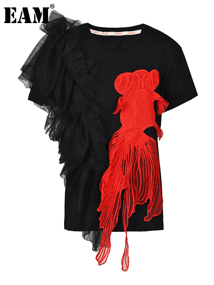 

[EAM] Women Black Irreuglar Fish Ruffles Big Size T-shirt New Round Neck Short Sleeve Fashion Tide Spring Summer 2023 16R3042