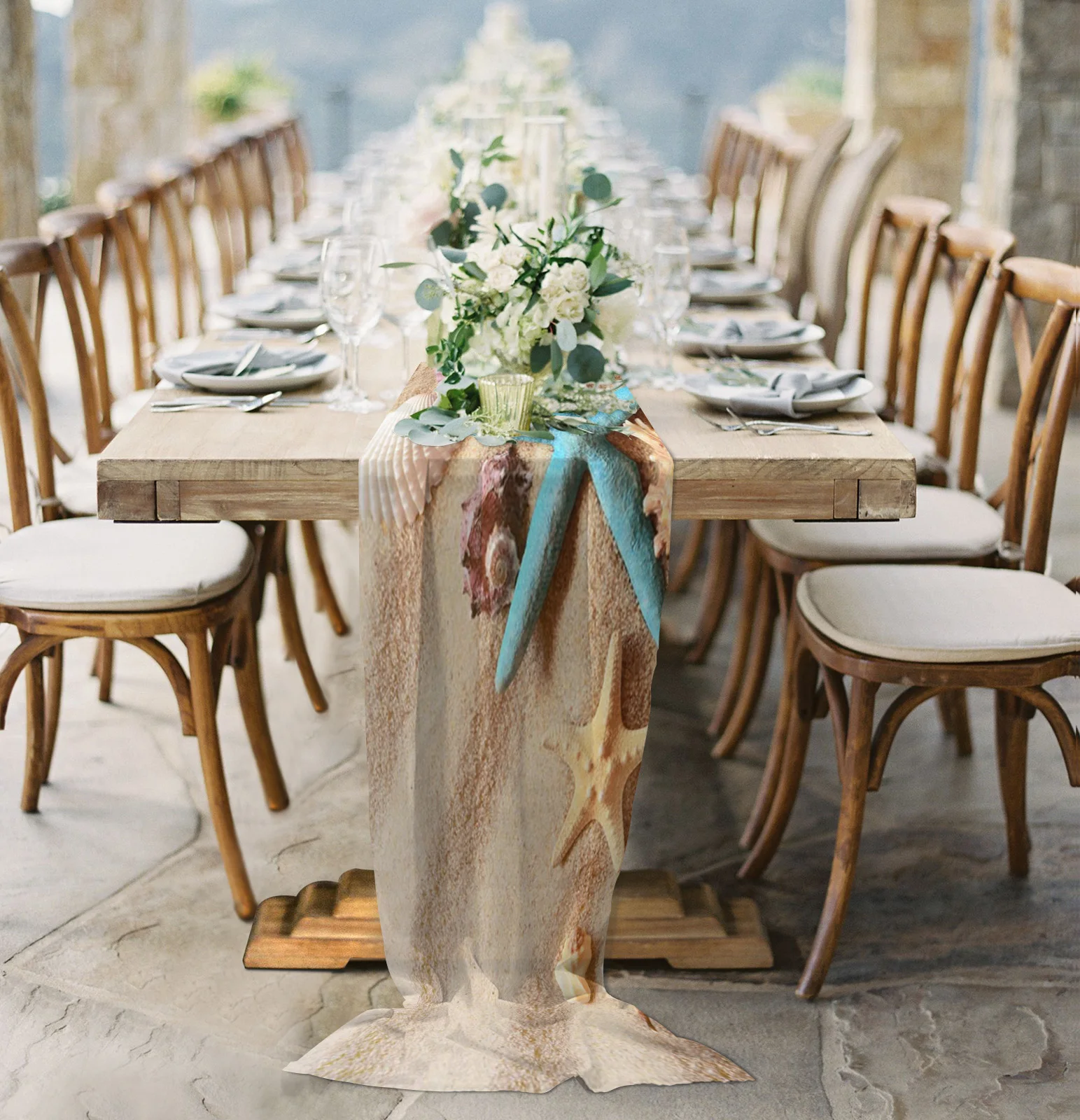 

Beach Seashell Starfish Conch Chiffon Table Runner for Wedding Celebration Banquet Festival Party Backdrop Decor