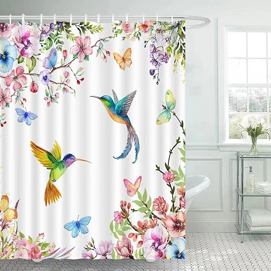 

Spring Hummingbird Shower Curtain for Bathroom Floral Bird Shower Curtain Flower Washable Polyester Butterfly Bathtub Decor Set