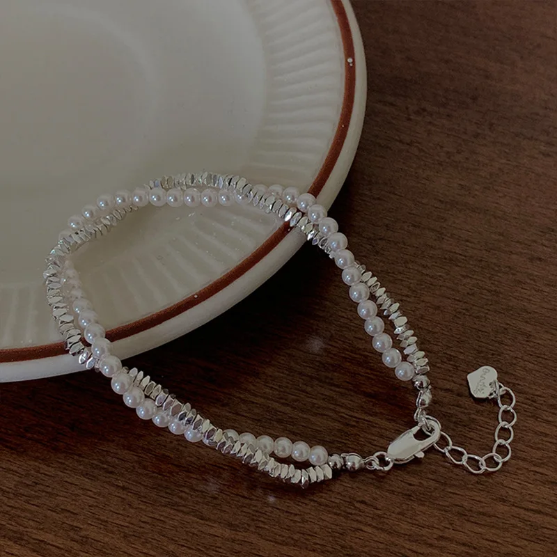 

Minar French Shiny Silver Water Wave Chain Beaded Bracelet White Faux Pearl Double Layers Charm Bracelets for Women Female 2023