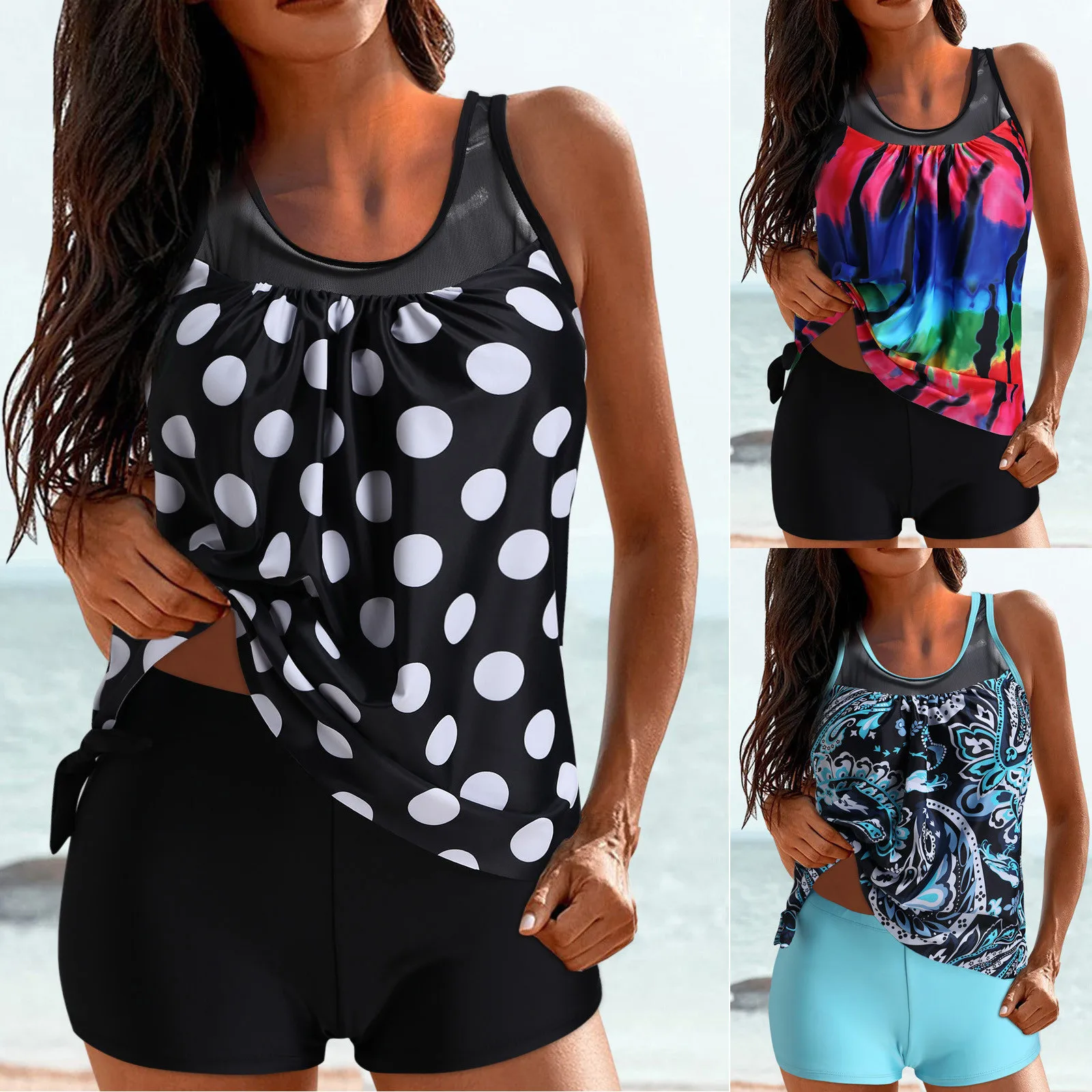 

Bathing Suits with Shorts Sports Bra And Shorts Set Two Piece Tankini Swimsuits For Women Dot Printed Tank Top With Boyshorts