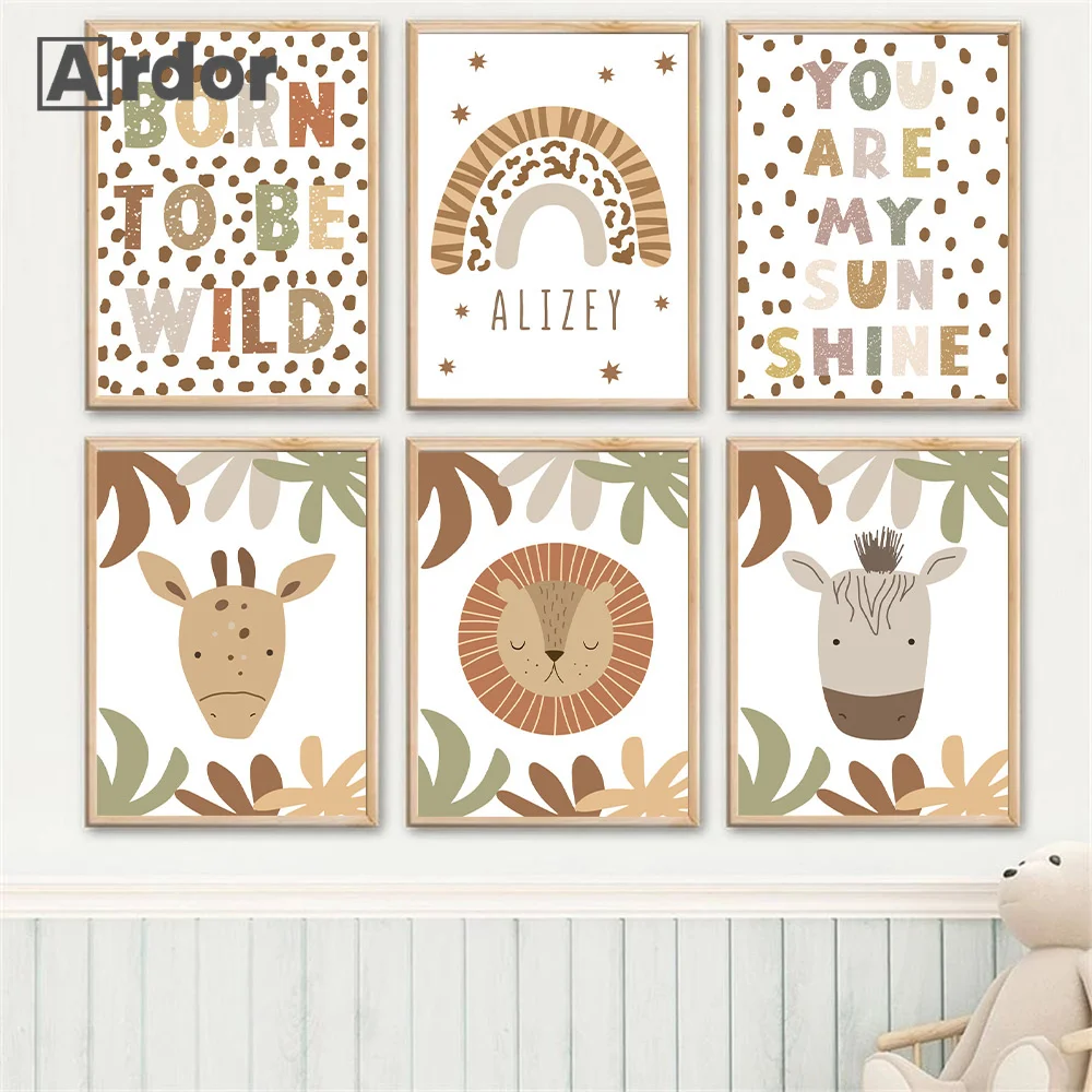 

Lion Giraffe Zebra Rainbow Quotes Poster Custom Name Wall Art Canvas Painting Nursery Print Wall Pictures Baby Kids Room Decor