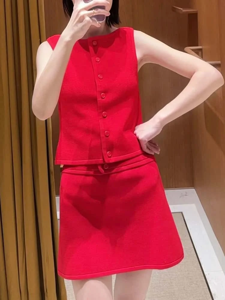 Весенний новый красный комплект из двух вязаных предметов для похудения женщин