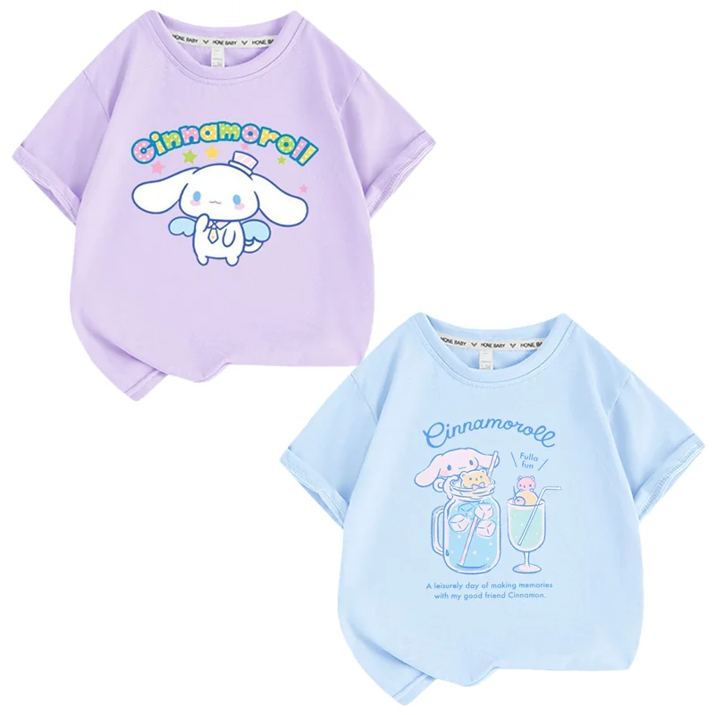 

Детский летний хлопковый топ с принтом Sanrioed Cinnamoroll, с коротким рукавом, свободная облегающая модная футболка, подарок для детей