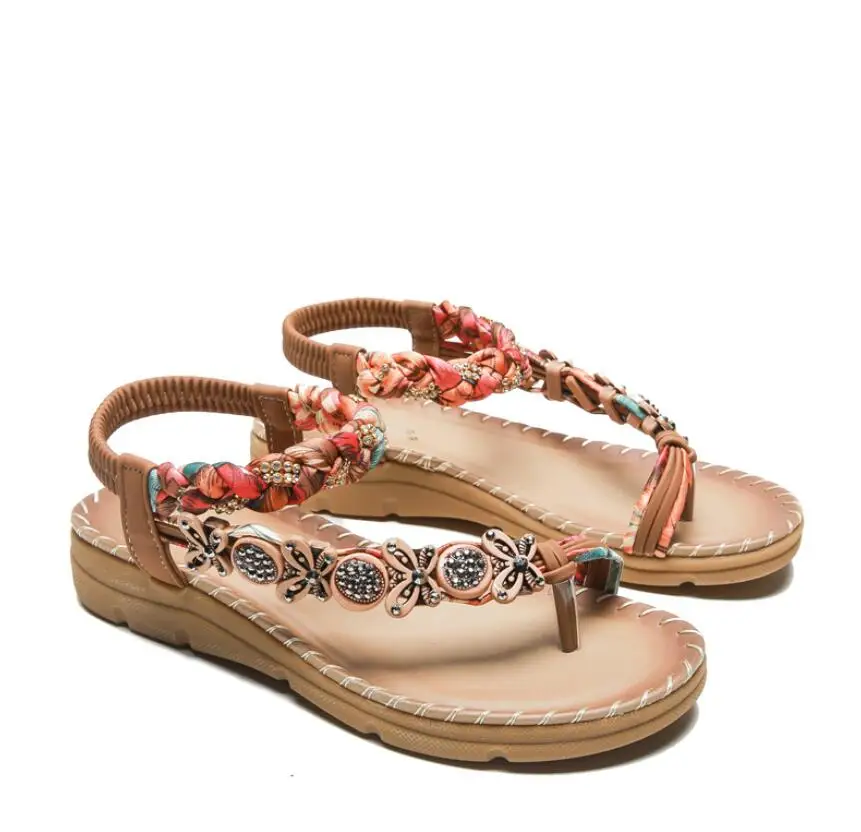 

Женские летние пляжные сандалии на плоской подошве, этнические декоративные сандалии, повседневные уличные тапочки, садовая обувь