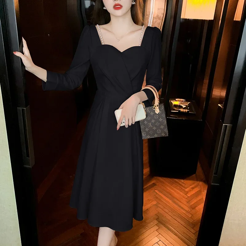 Осень 2024 новый стиль черное нежное платье во французском стиле женская простая