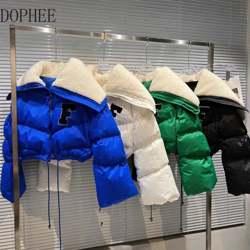 

Новинка 2022, осенне-зимние женские ватные куртки, Фланелевое флисовое пальто с надписью и темно-синим воротником на завязках, короткое пальт...