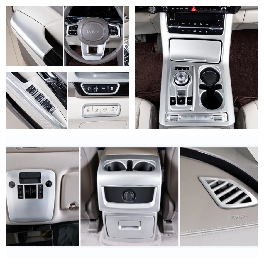 

For KIA Carnival KA4 2021 2022 Accessories LHD Transmission Shift Stalls Gear Frame Cover Trim AC Outlet Water Cup Holder Shiny