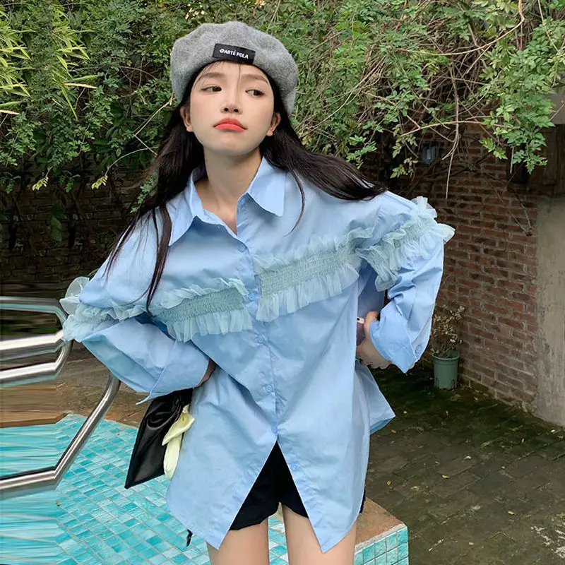 

Женская однобортная блузка, свободная рубашка с длинным рукавом, однотонная Повседневная блузка, весна-осень 2022