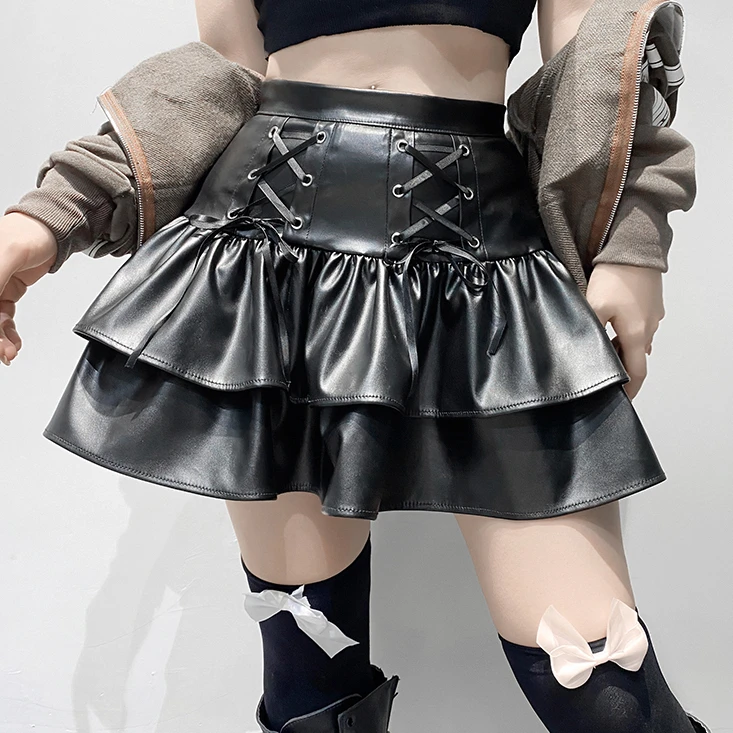 

Женская плиссированная юбка из ПУ кожи, черная Готическая бандажная мини-юбка с высокой талией, 2021