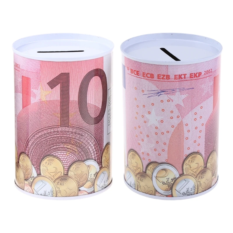 

H55A Creative Euro Dollar Metal Cylinder Piggy Bank Saving Money Box Home Decoration