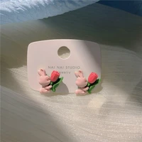 2022 new korean fashion pink flower rabbit stud earrings for women girls ear clip cute cartoon resin sweet charm gifts jewelry