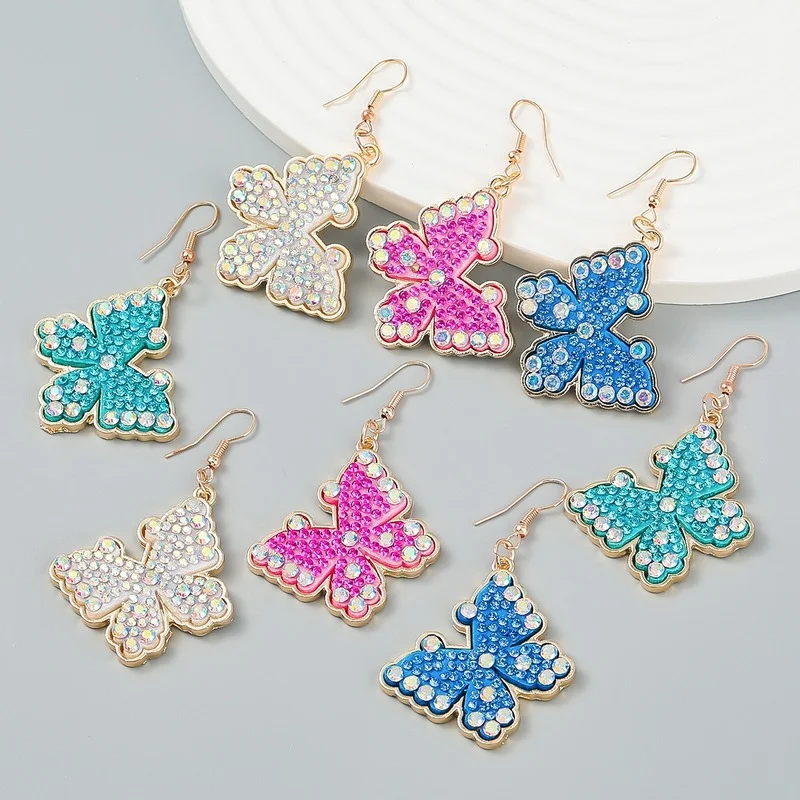 

2022 Wholesale Women's Fashion Butterfly Colored Diamond Big Earrings Diamond-encrusted Simple Insect Alloy Jewelry