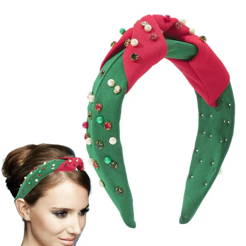 

Holiday Knotted Headband Green Rhinestone Hairband Sparkly Elegant Fashion Crystal Embellished Knotted Headband For Women