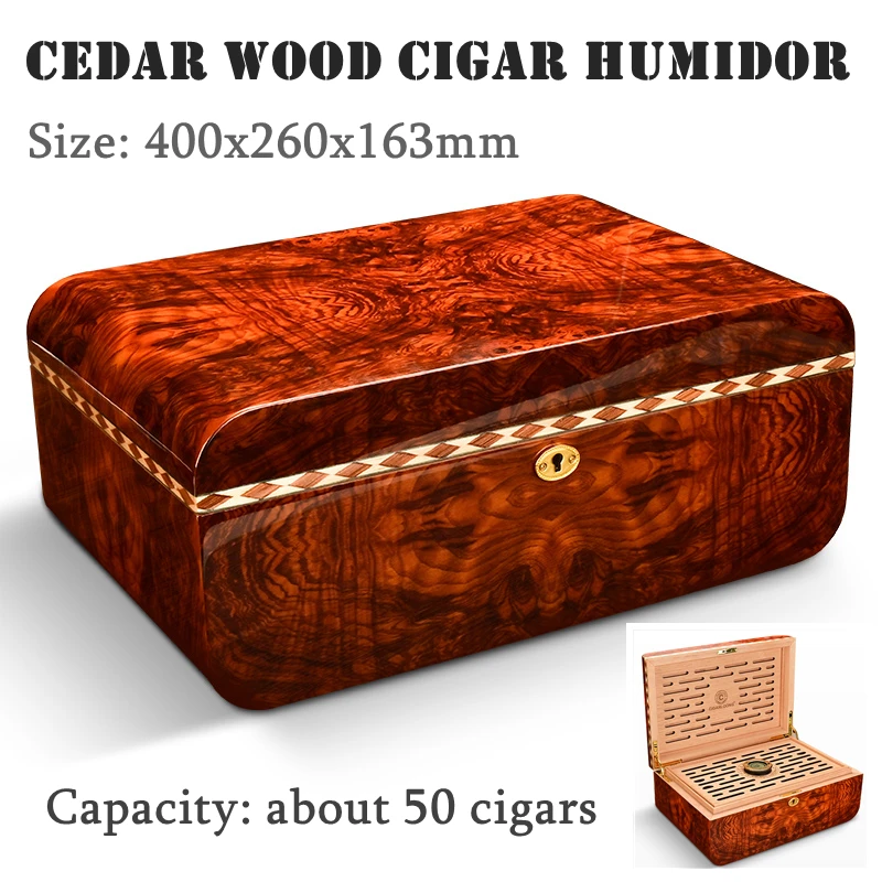 

400x260x163mm Cedar Wood Cigar Humidor Professional Capacity 50 Cigarettes Storage Case Piano Paint Cigar Cabinet Cool Gift Box