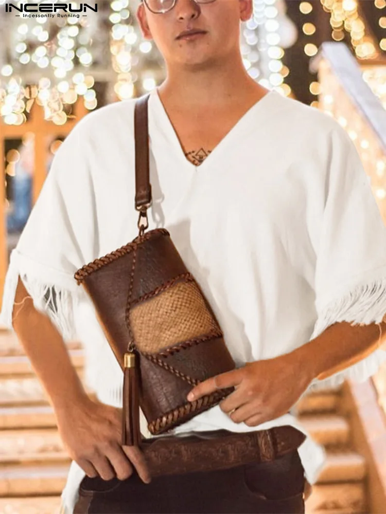 

2022 Men T Shirt Tassel Solid Color V Neck Half Sleeve Summer Casual Tee Tops Streetwear Loose Fashion Camisetas S-5XL INCERUN