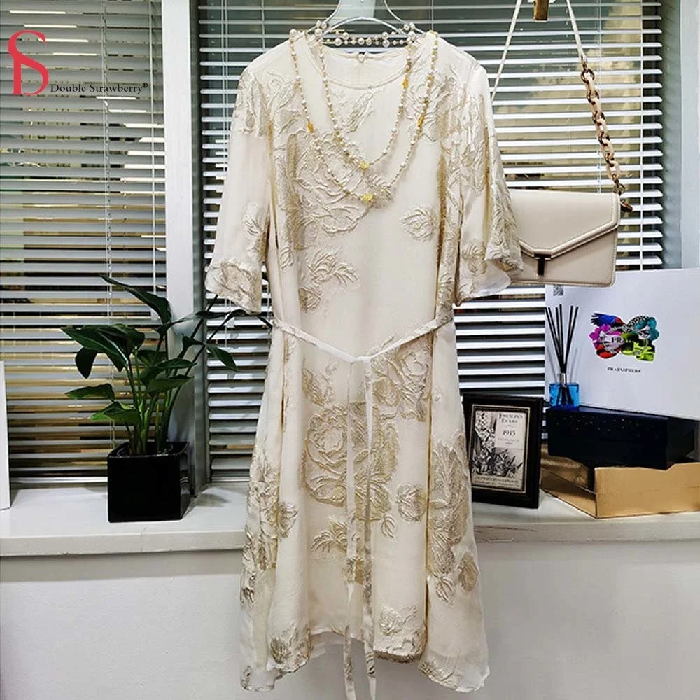 Women's High Quality New Light Luxury Chinese Style Gold Cut 3D Jacquard Silk Fashion Dress S-XXL