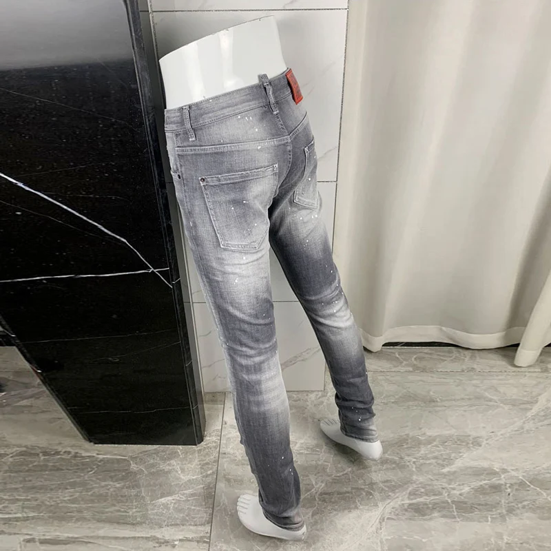High Street Fashion Мужские джинсы Ретро стираные серые эластичные облегающие рваные