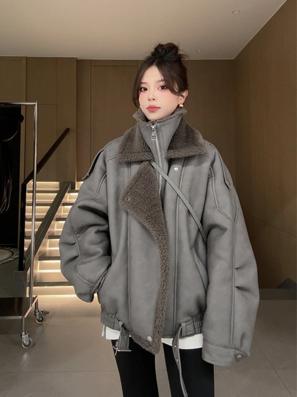 Серая замша берберская флисовая меховая интегрированная верхняя одежда женская