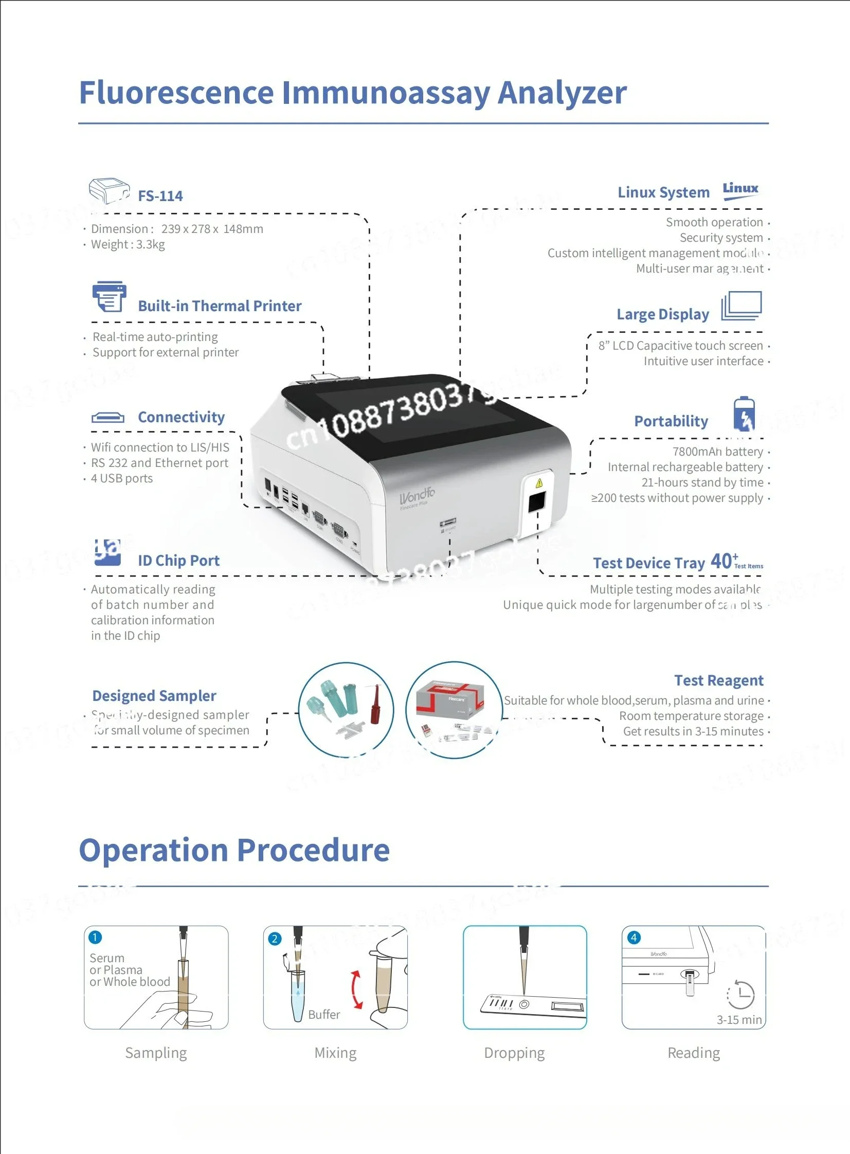 Анализатор иммуноанализации флуоресценции FS-114 HbA1C TSH FT3 FT4 Комплекты PSA