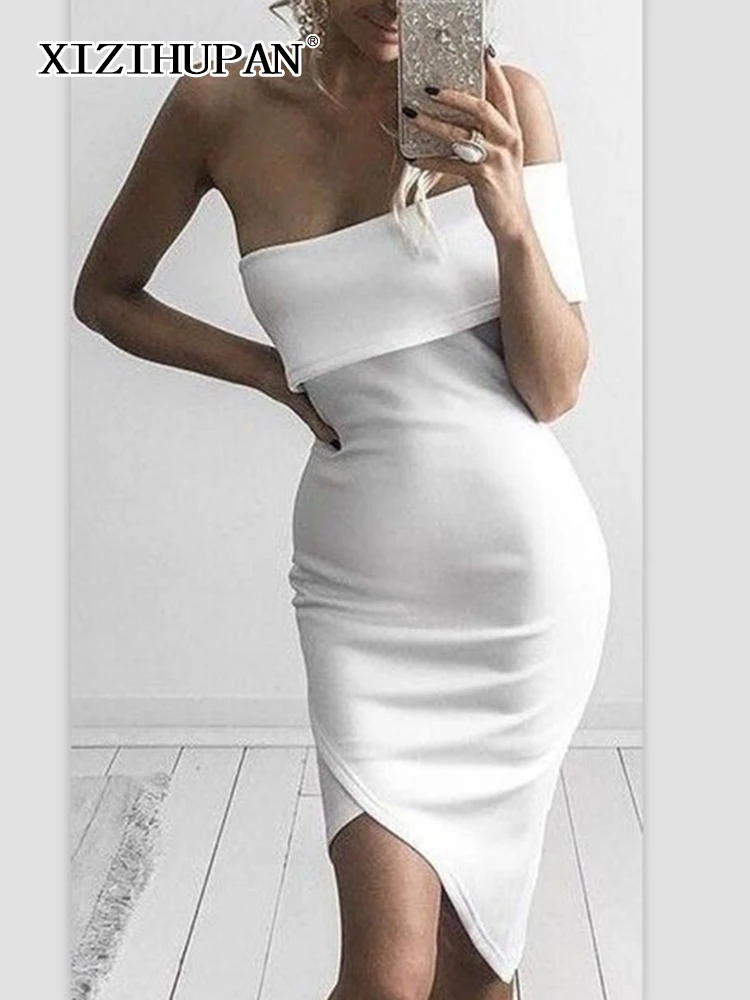 

XIZIHUPAN Patchwork Solid Slimming Dresses For Women Slash Neck Sleeveless High Waist Irregular Hem Split Strapless Dress Female