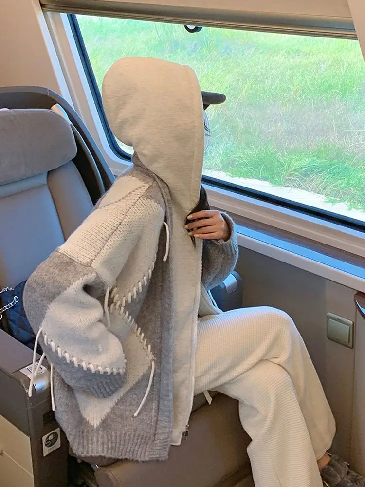 

Женский свободный кардиган, вязаный свитер с шапкой в Корейском стиле, осень