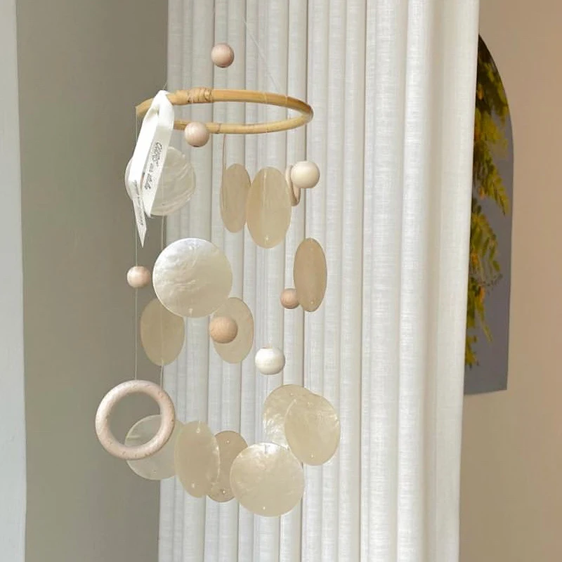 INS Nordic Style Baby Rattles Handmade Wooden Bead Shell Wind Chimes Kids Room Nursery Hanging Decors Newborn Photography Props