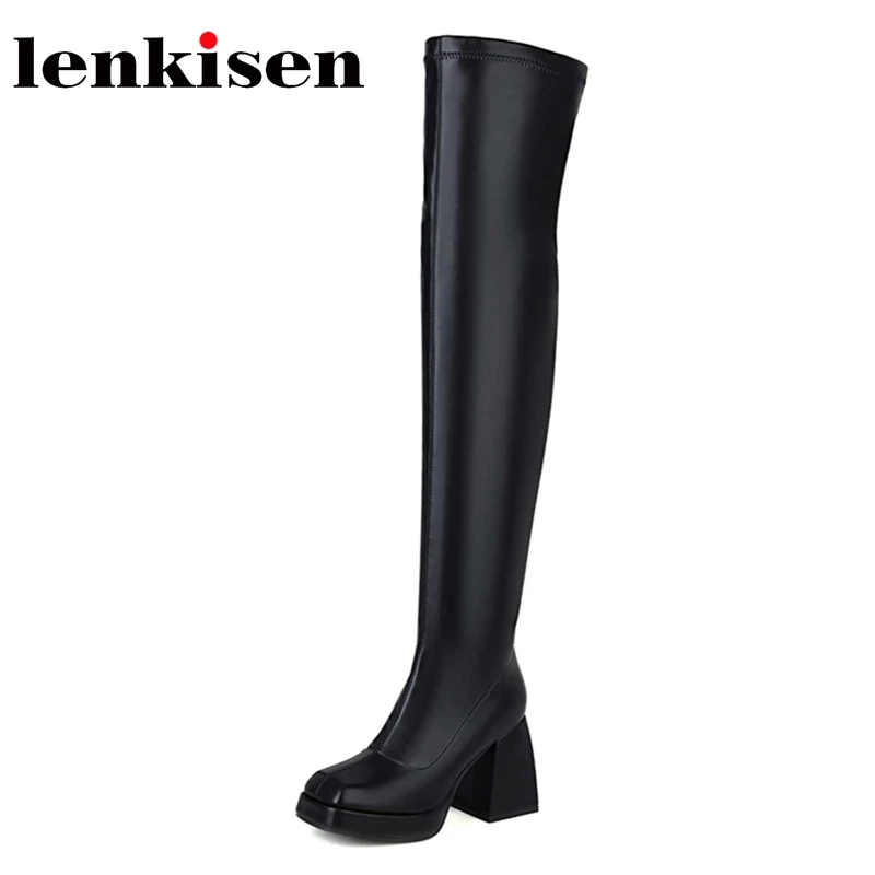 

Lenkisen Plus Size Microfiber Square Toe Super High Heel Platform European Style Mature Fashion Zipper Over-the-knee Boots L6f8
