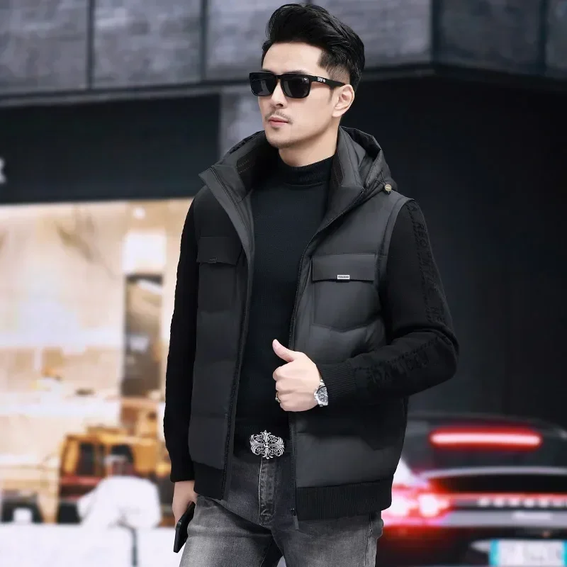 Куртка с капюшоном и вязаными рукавами роскошный Съемный пуховик Мужская