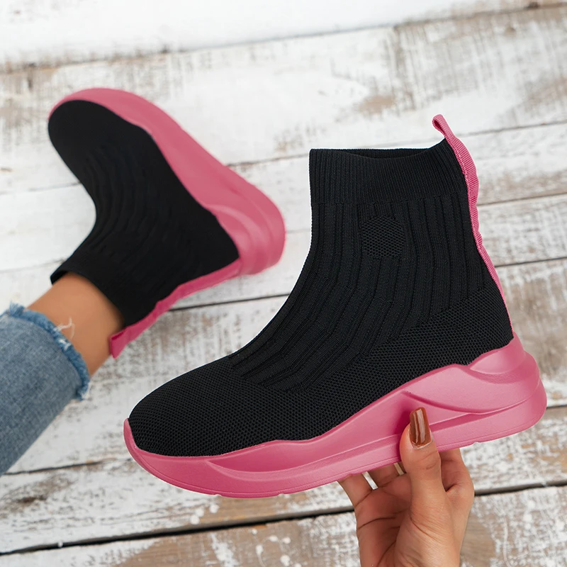 

Booties Woman Winter 2023 Most Sold Knitted Stretch Net Red Slip-on Platform Ankle Boots Fashion Black Comfortable Chelsea Boots