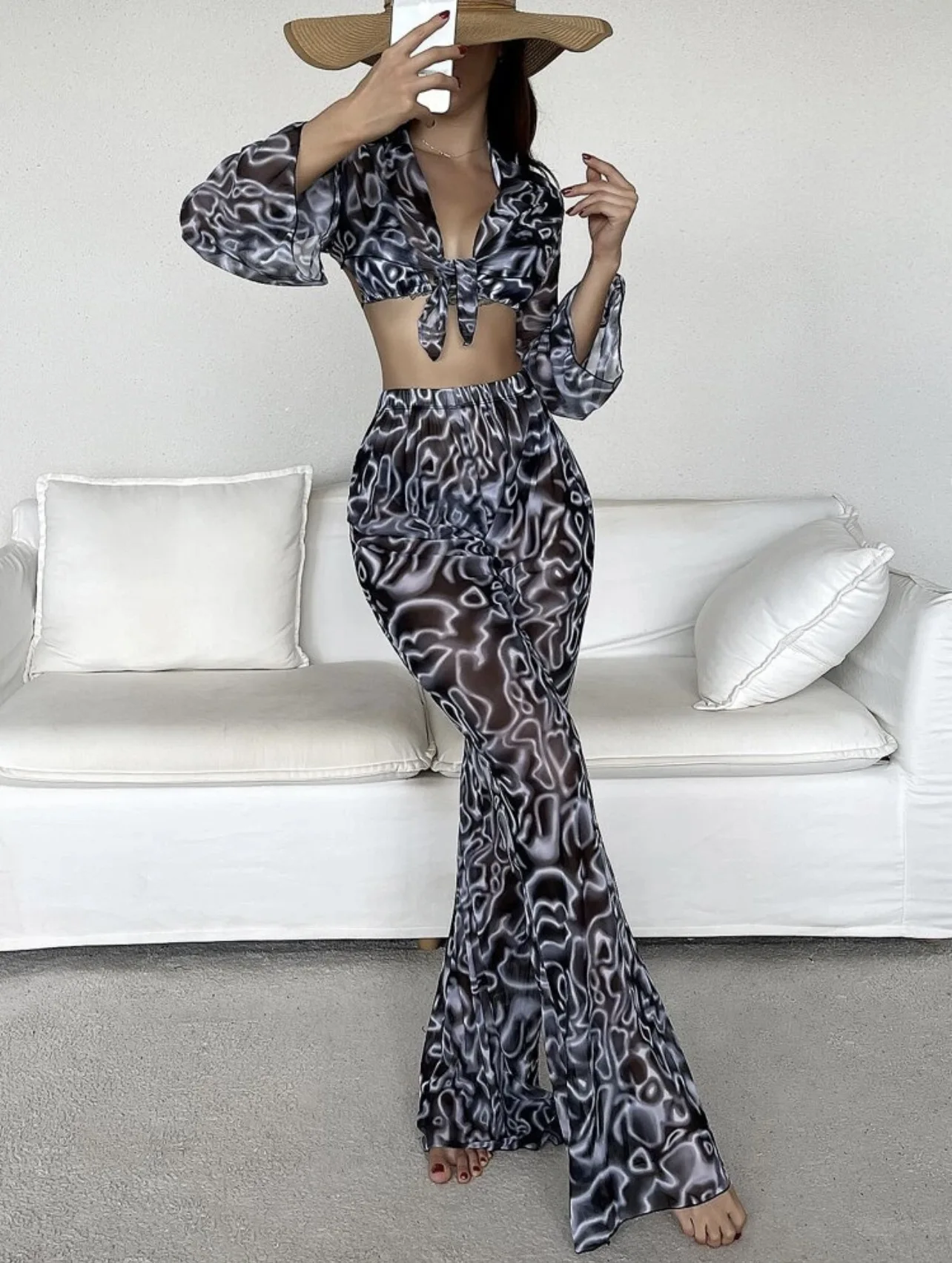 

WANXIN Sexy Print Halter 4PCS Long Sleeve Top+Mesh Pants Bikini Set Swimwear Women 2022 High Cut Swimsuit Beach Bathing Suit