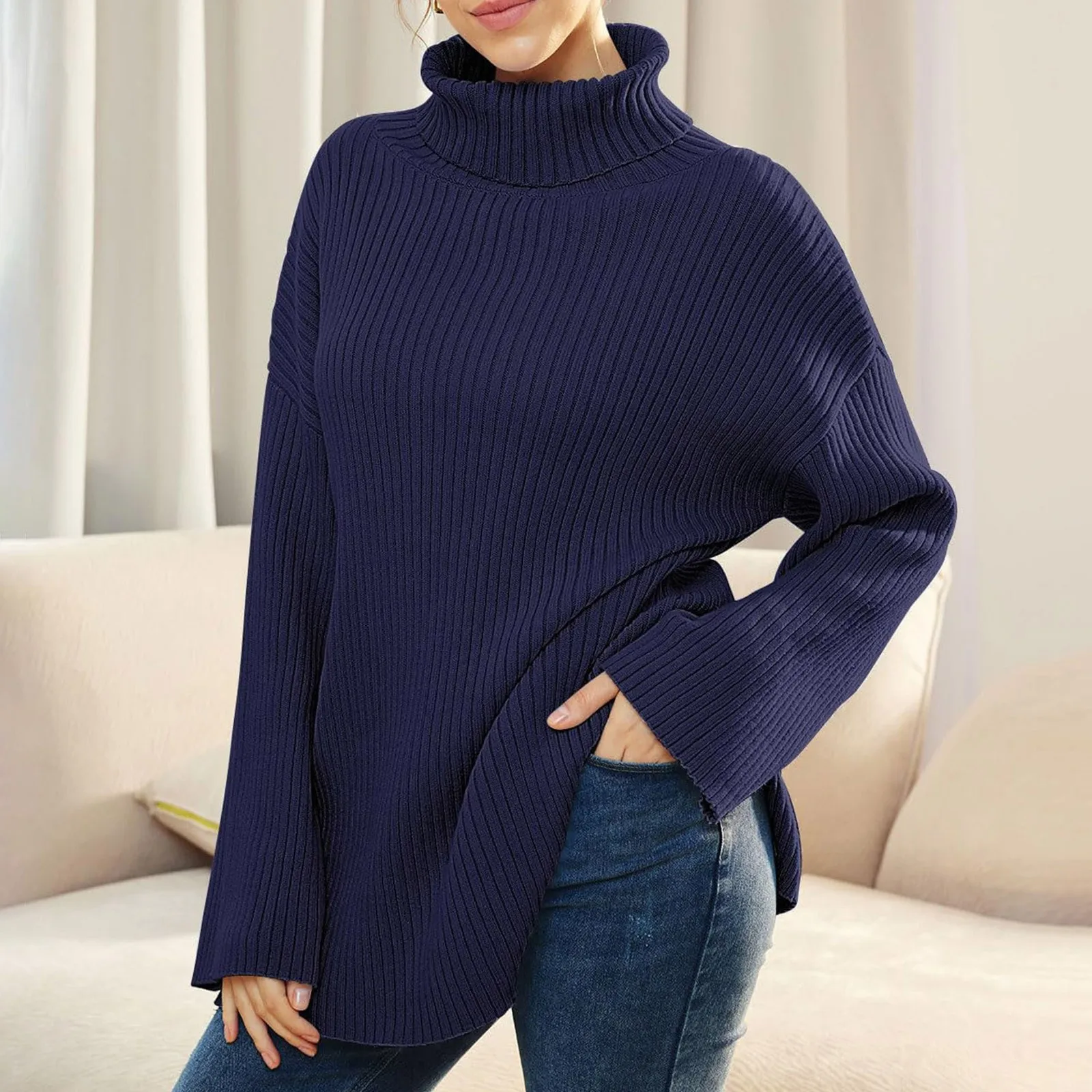 

2023 Autumn Winter New Turtleneck Sweater Long Sleeve Solid Loose Knitting Pulloveres Fashion Classic All Match Sweater Women
