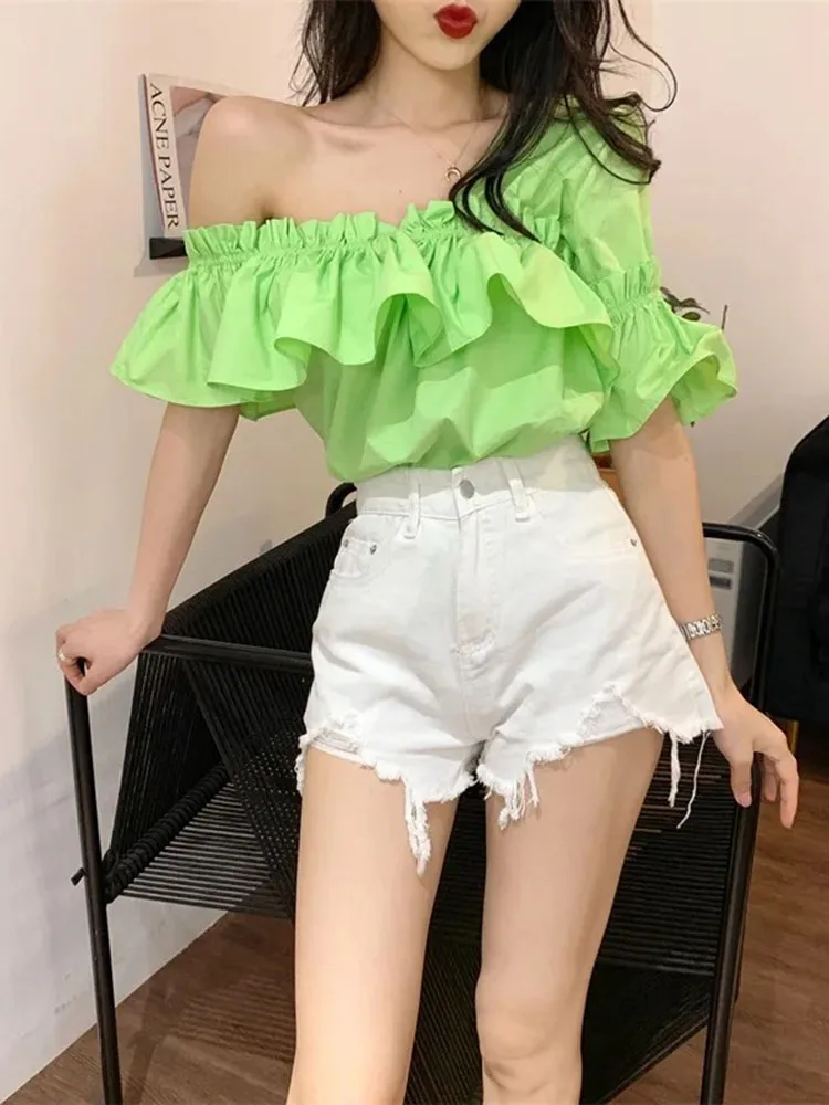 Женская блузка с коротким рукавом свободная Асимметричная пикантная в Корейском