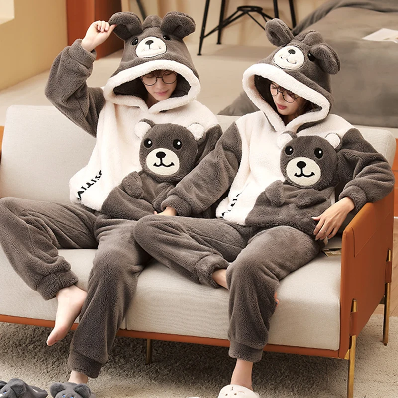 2PCS Couple Pajamas Set Women Men Winter Plush Soft Thicken Pyjamas Sleepwear  Cartoon Bear Korean Cute Lovers Homewear Pyjamas