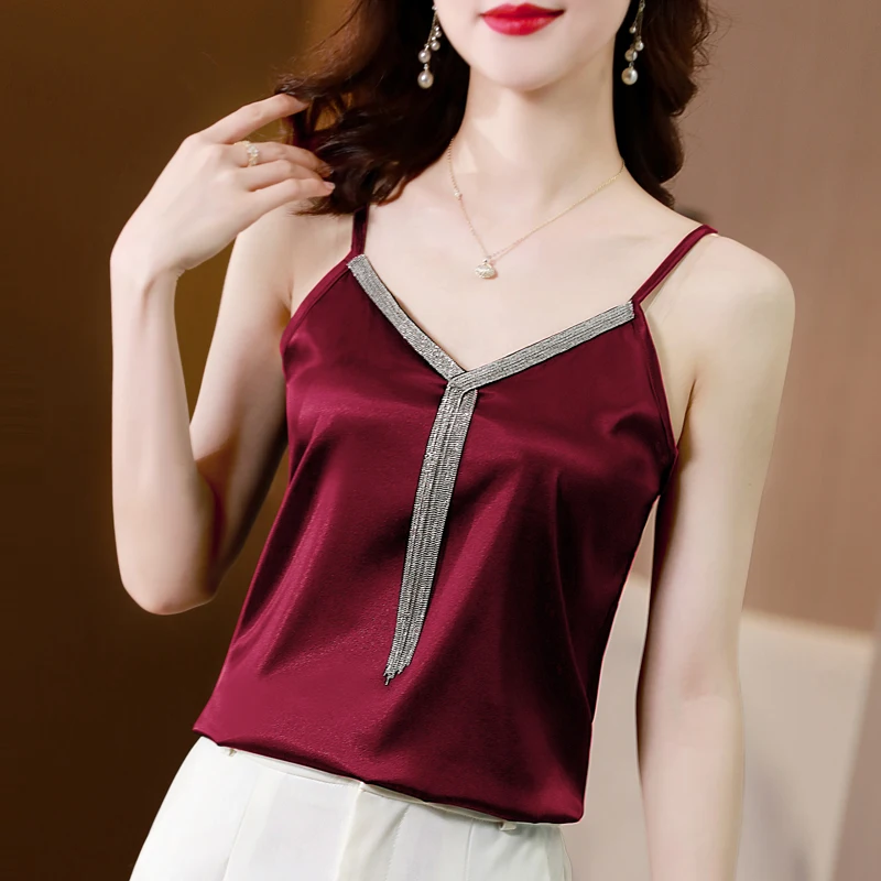 

Satin Camisole Sleeveless Womens Solid Tassel Basic Casual Tank Tops Female Summer New V Neck Slim Fashion Sexy Camis Top Mujer