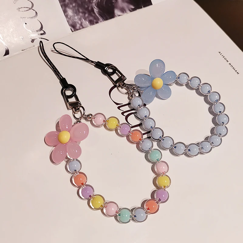 

Phone Anti-lost Lanyards Key Short Wrist Pendant Mobile Phone Lanyard Womens Hand-held Chain Colorful Macaron Round Bead Pendant