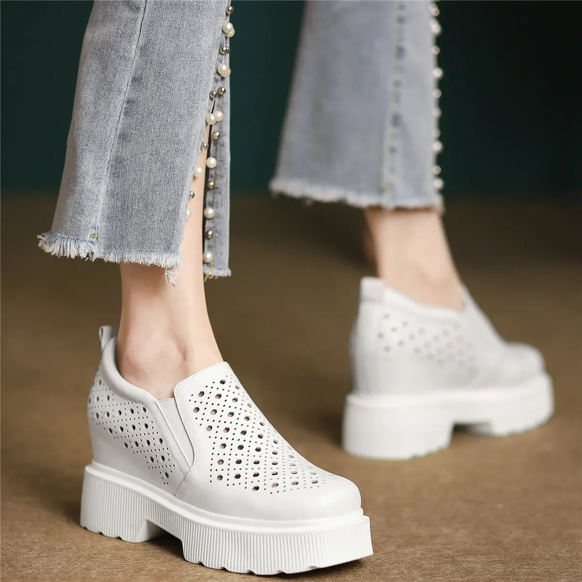 2022 Fashion Sneakers Women Slip On Genuine Leather High Heel Ankle Boots Female Summer Square Toe Platform Pumps Casual Shoes