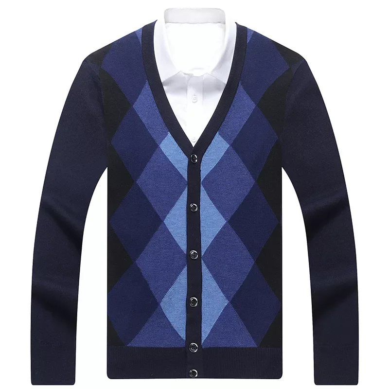 

Мужской вязаный шерстяной кардиган, Повседневный шерстяной свитер с узором ромбиками, осень 2021