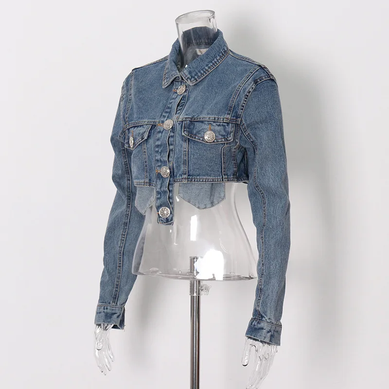 

Женская джинсовая куртка, винтажная короткая куртка в Корейском стиле, однобортная мотоциклетная куртка с отложным воротником и длинным ру...