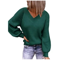fashion knitted ribbed v neck women pullovers autumn warm long sleeve sweater solid color jumper high quality lady knitwear