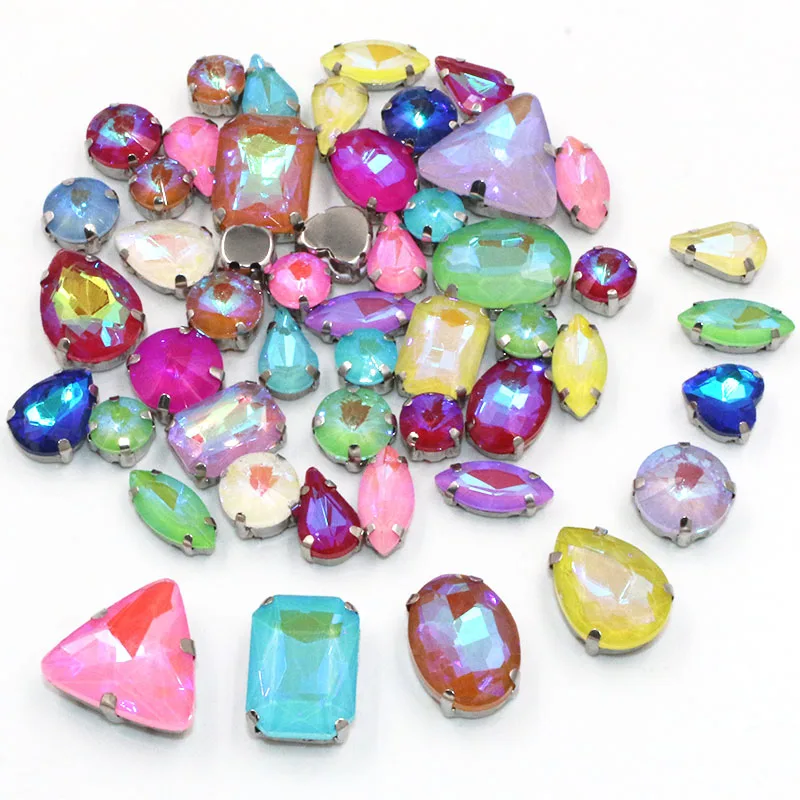 

Hot Sale Mocha AB Color Mix Size Shape Sew on Crystal Glass Rhinestones With Silver Claw For Wedding Dress Jewelry Making 50pcs