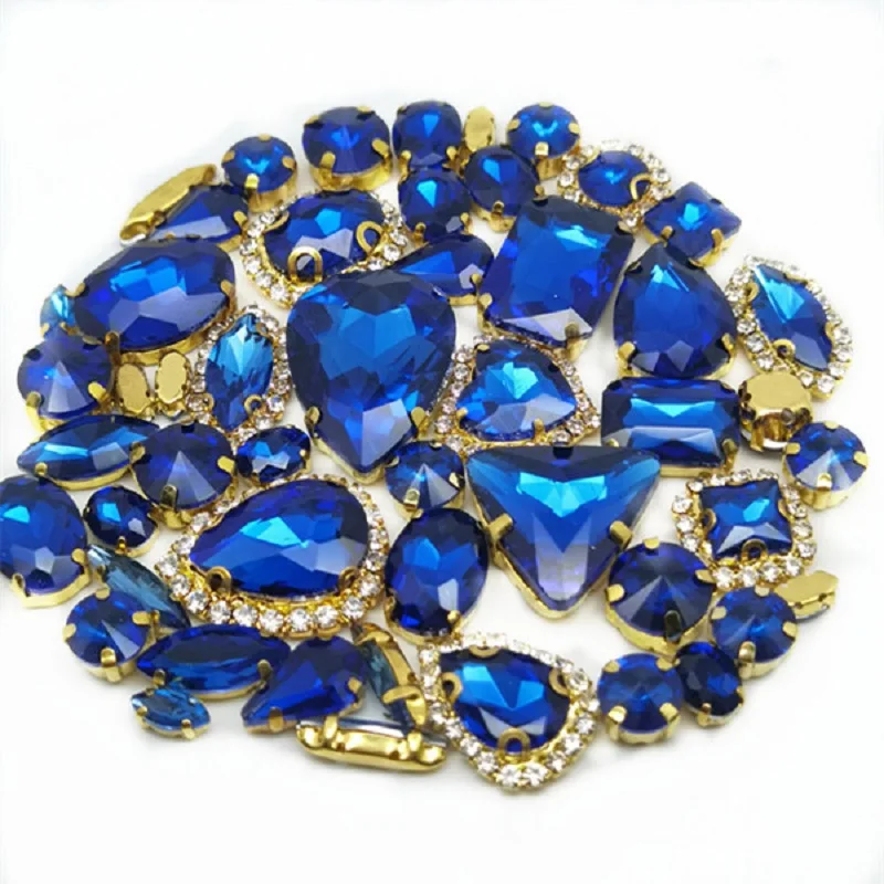 

50pcs/Bag Shiny Mixed Sapphire Blue Shape Sew on Glass Rhinestone Gold Claw Crystal Buckle Diy Wedding Decoration Accessories