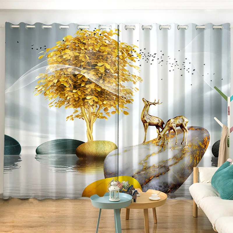 

2 Panels Elk Fortune Tree Curtains Window Curtains for Living Room Landscape Blackout Window Drapes for Bedroom Kitchen Curtains