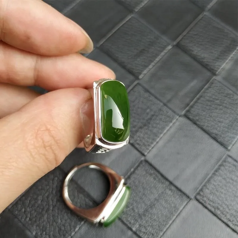 

S925 Silver Natural Jade Jasper Emerald Ring Plated Men and Women Couple Fashion Exquisite Ring Classical Style