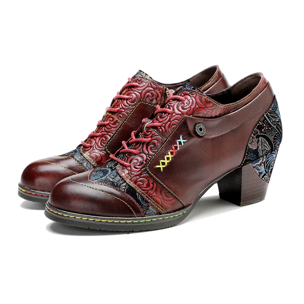 

2023 Autumn Handmade Wine Red Color Vintage Printing Stitching Comfortable Chunky Heel Lace-up 5.5cm High Heel Shoes For Women