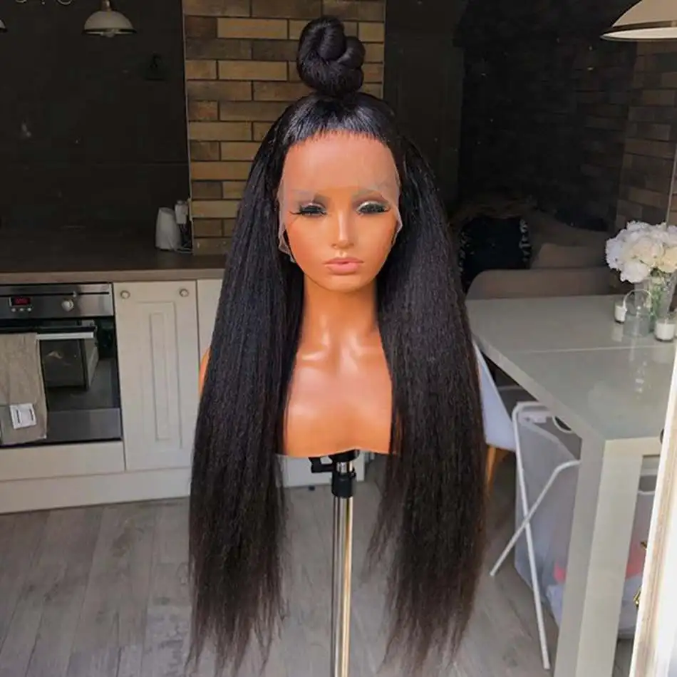 180%Density 26Inch Long Soft Yaki Straight Brazilian Glueless Lace Front Wig For Black Women With Baby Hair Heat Temperature