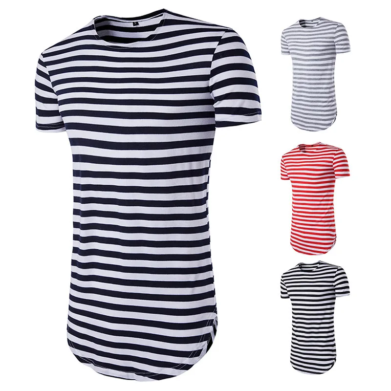 

Summer 2022 New Fashion Hip Hop Casual Men's Round Hem High Street Striped Long Short Sleeve T-Shirt