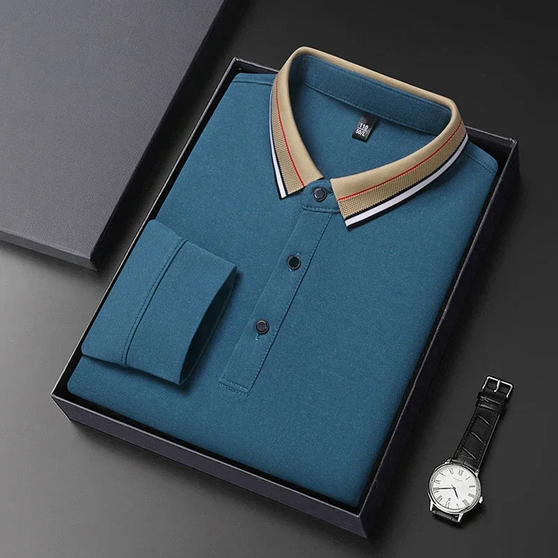 

Мужская футболка с длинным рукавом, топ из чистого хлопка, Повседневная Свободная рубашка-поло, для людей среднего возраста, с безжелезным отворотом