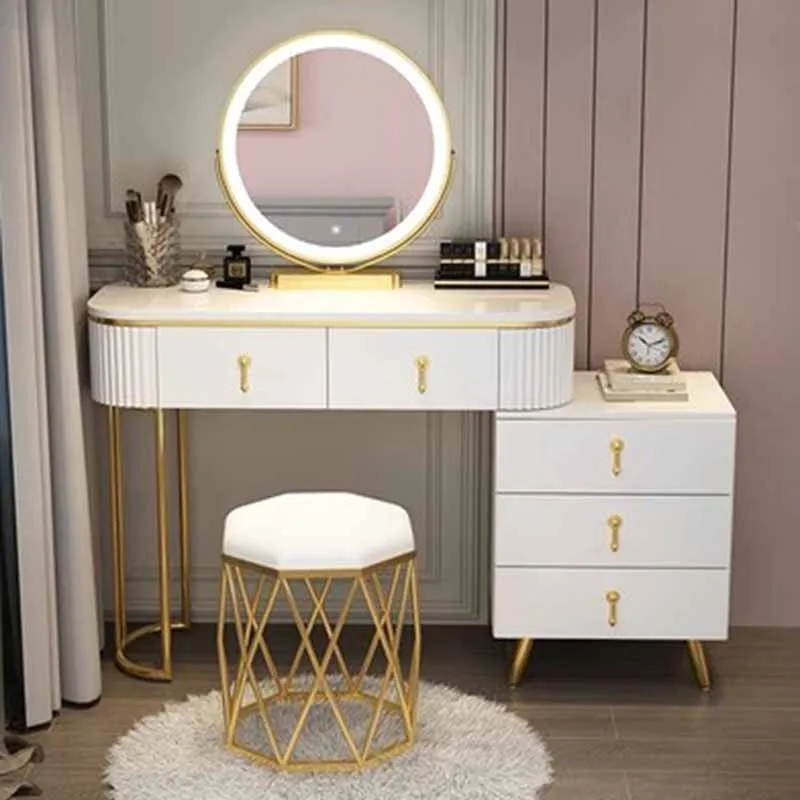 

Cabinet Girl Dressing Table White Container Light Lacquer Dressing Table Stool Organizers Gold Legs Tocadores Room Decor Bedroom